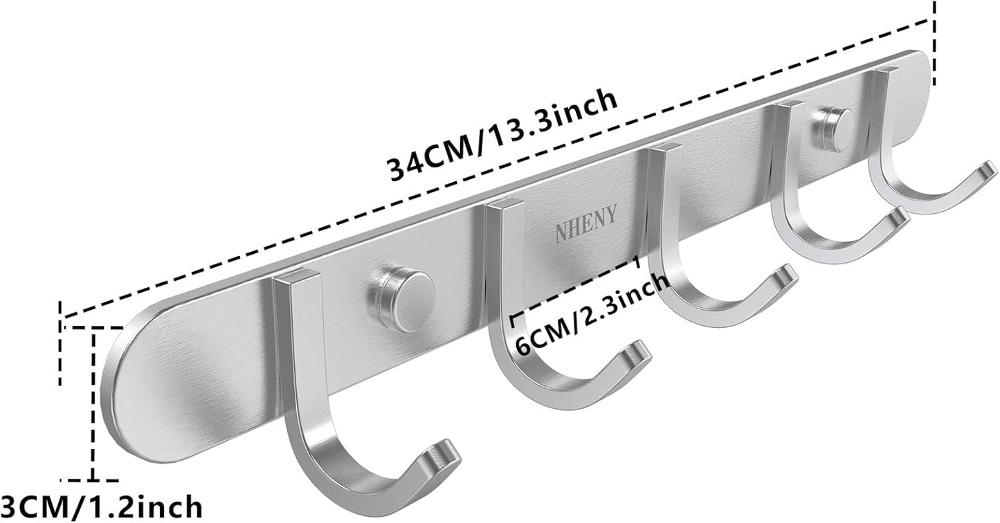 Coat Hook Rack Hanger –Towel Hook Rail with 5 Hooks 13-Inch Wall Mounted for Bedroom, Bathroom, Hallway, Garage, Garden, Office, 304 Stainless Steel Brushed Nickel, Easy Installation (Silver)
