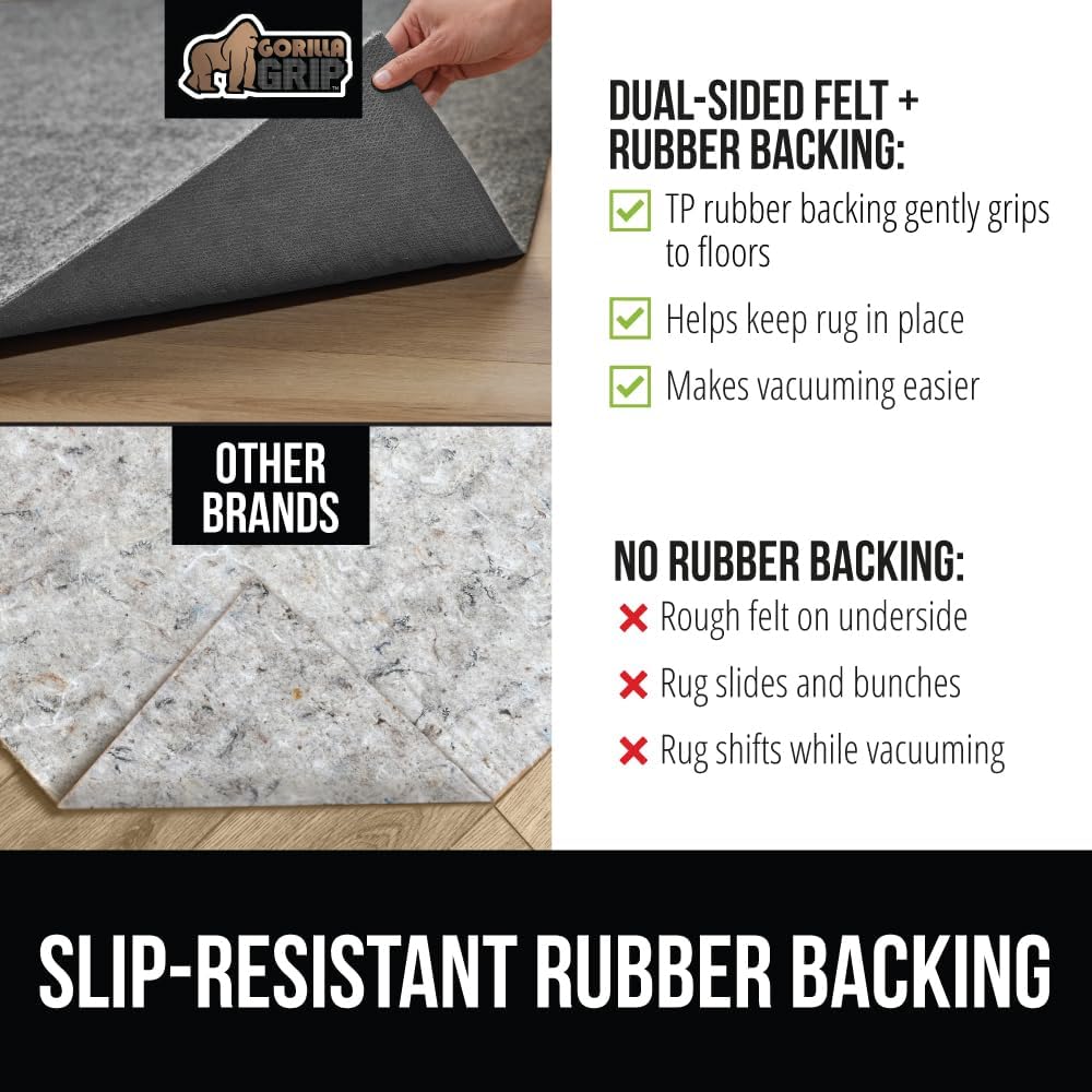 GORILLA GRIP Felt and Natural Rubber Stay in Place Slip Resistant Rug Pad, 1/8in Thick, 8x11 FT Protective Padding Under Area Rugs, Cushioned Gripper Pads, Carpet Runners, Hardwood Floors Protection