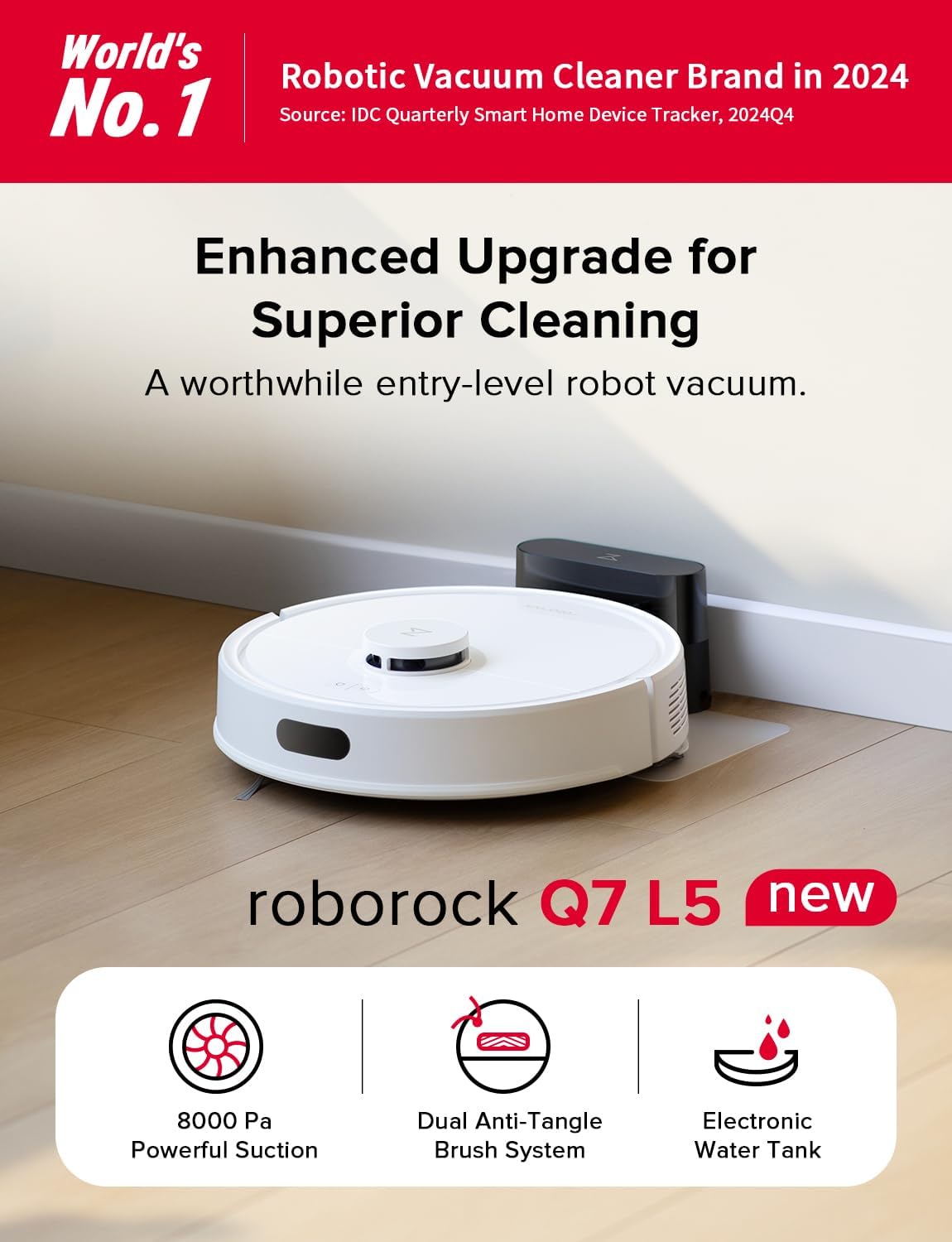 roborock Q7 L5 Robot Vacuum and Mop Combo, 8,000Pa Suction, Upgraded from Q5 Pro, Dual Anti-Tangle System, LiDAR Navigation, No-Go Zones, Self-Charging Robotic Vacuum Cleaner, White
