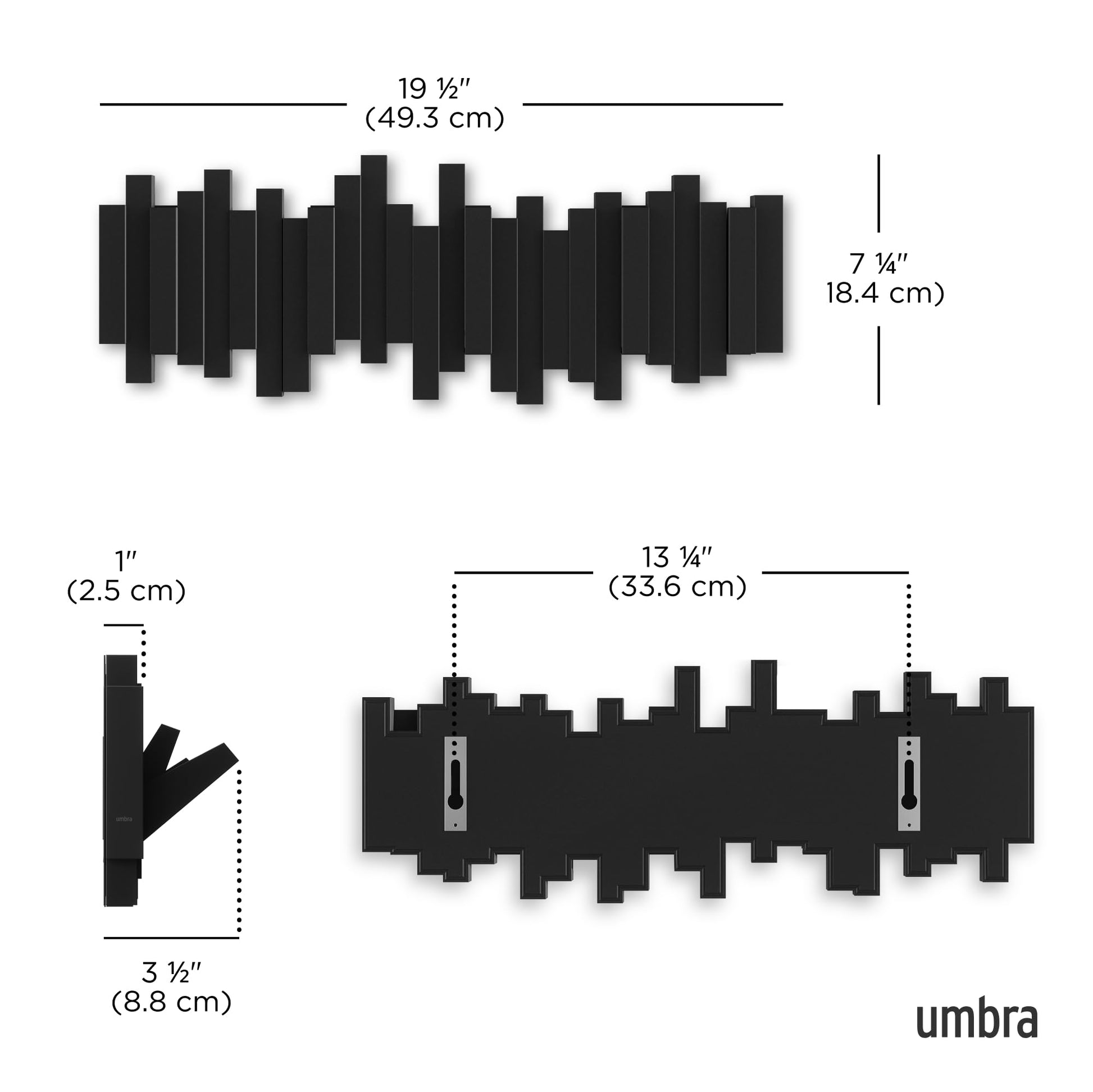 Umbra Sticks Wall Mount Coat Rack, 5 Hook Retractable Pegs, Black