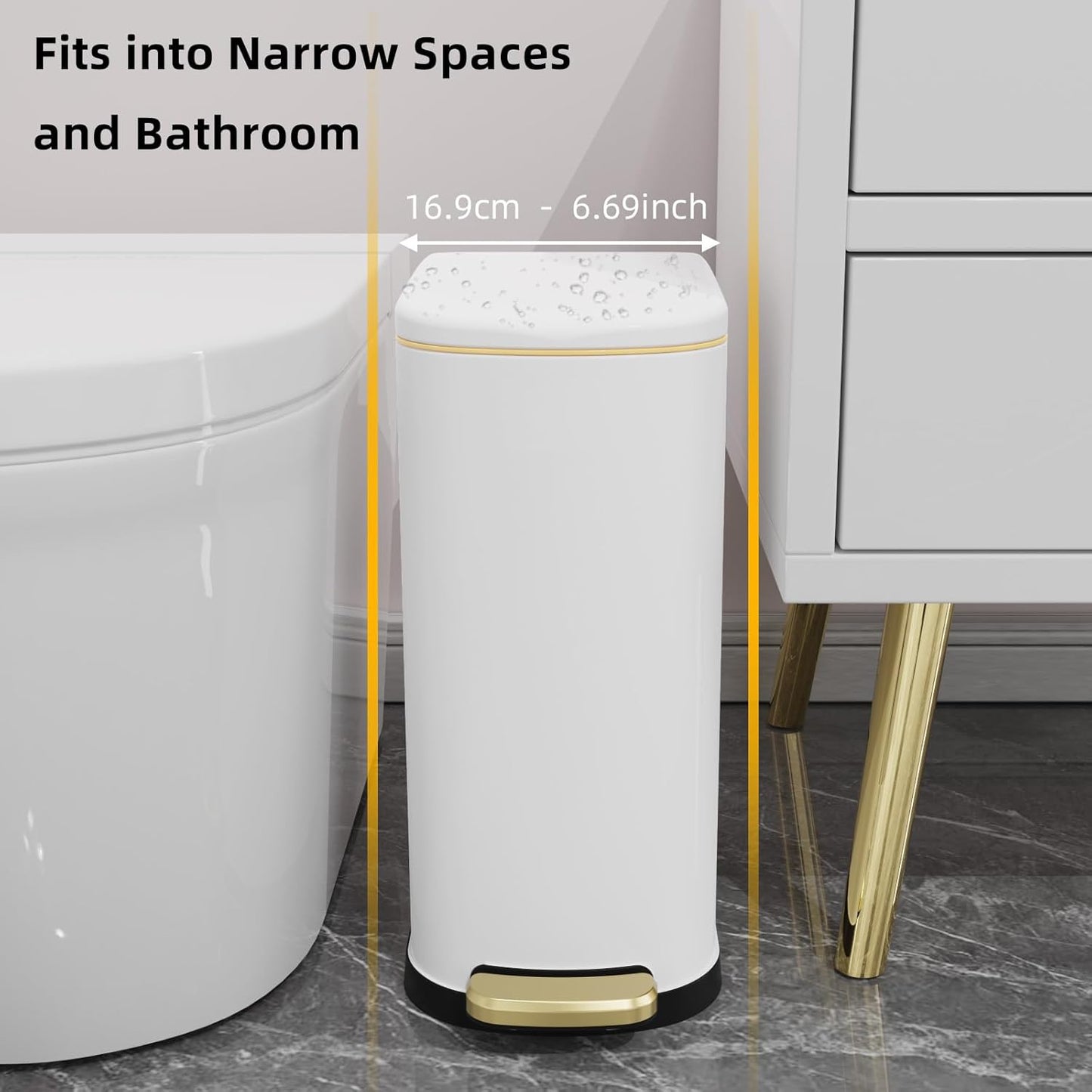 2.6 Gallon Slim Bathroom Trash Can with Soft Close Lid, 10L Stainless Steel Garbage Can with Removable Liner Bucket, for Narrow Spaces, Bathroom, Bedroom (White)