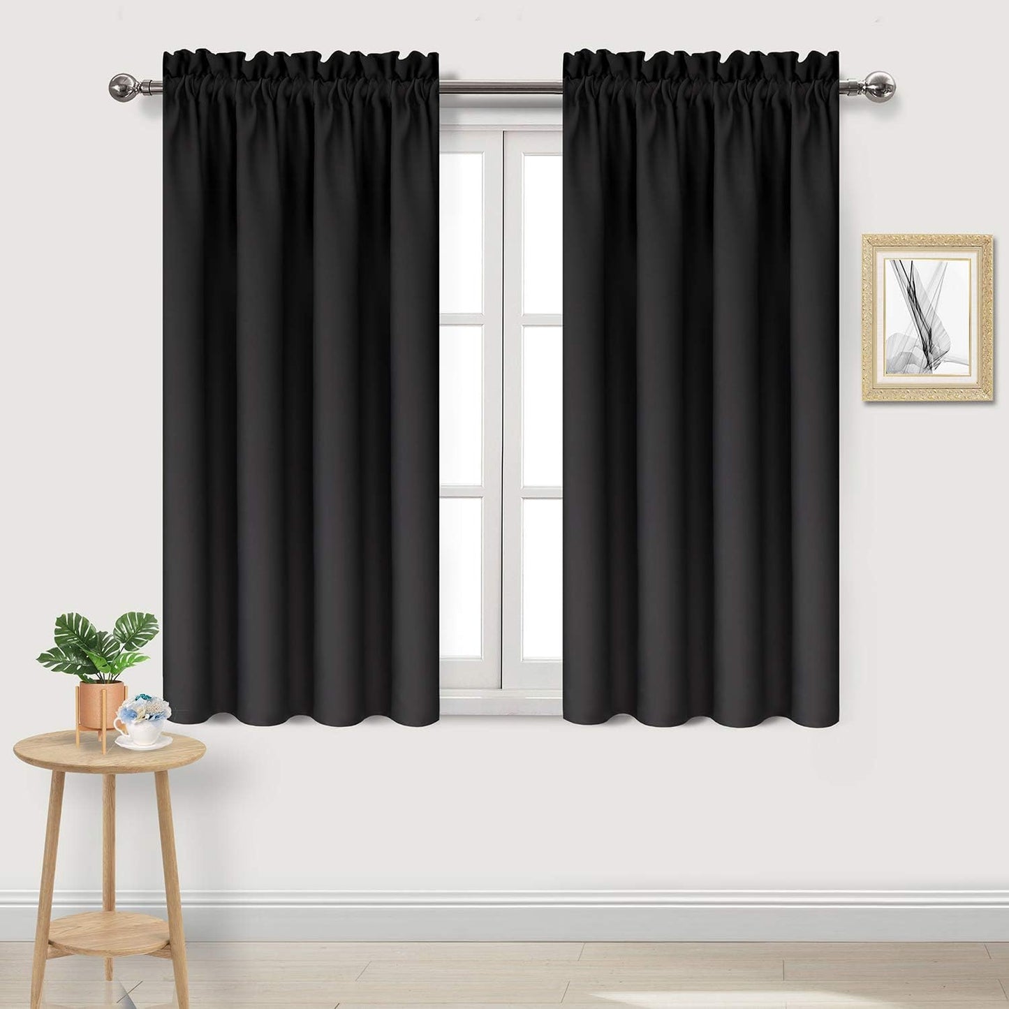 DWCN Blackout Curtains Thermal Insulated Energy Saving Bedroom and Kitchen Curtains Window Treatments, W 38 x L 45 Inch, Set of 2 Black Rod Pocket Drapes