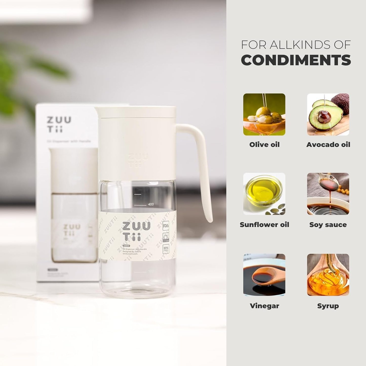 Zuutii Olive Oil Dispenser Bottle 18.6oz – Auto Flip Glass Vinegar Bottle with No-Drip Spout for Kitchen Cooking, Oil and Sauce Dispenser, Light Cream