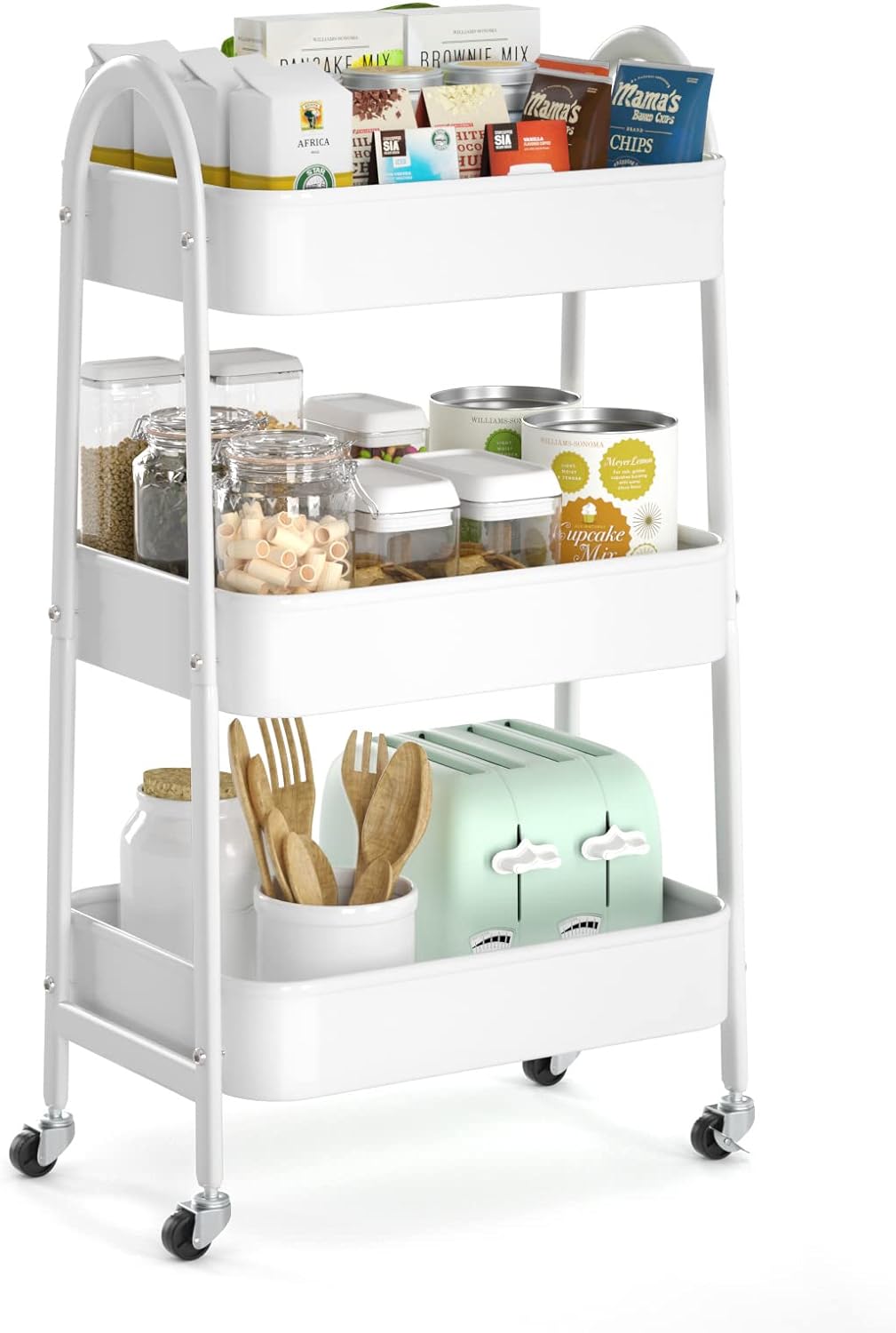 EAGMAK 3 Tier Utility Rolling Cart, Metal Storage Cart with Handle and Lockable Wheels, Multifunctional Storage Organizer Trolley with Mesh Baskets for Kitchen, Living Room, Office, Garage (White)