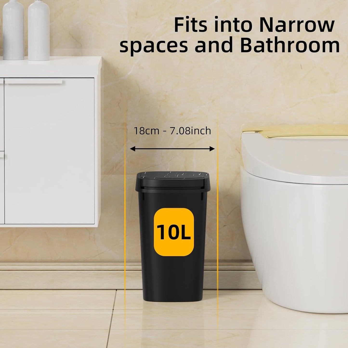 3 Pack Bathroom Small Trash Can with Lid, 2.6 Gallon Slim Garbage Bin with Pop-Up Lid, 10L Plastic Wastebasket for Bedroom, Office, Kitchen, Toilet (Black)