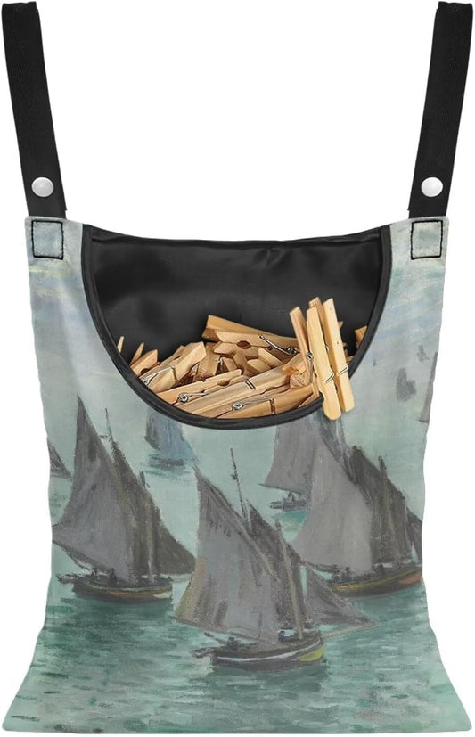 Monet Oil Painting Outdoor Clothespin Bag - Industrial Strength Windproof Storage Organizer - Heavy Duty Polyester Construction with Oversized Capacity Sailboats at Sainte - Adresse