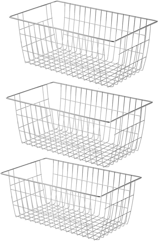 Slideep Wire Baskets Farmhouse Freezer Organizer Storage Bin Basket with Handles, Food Storage for Kitchen Cabinets, Pantry, Closet, Bedroom, Bathroom, Office 3 Pack