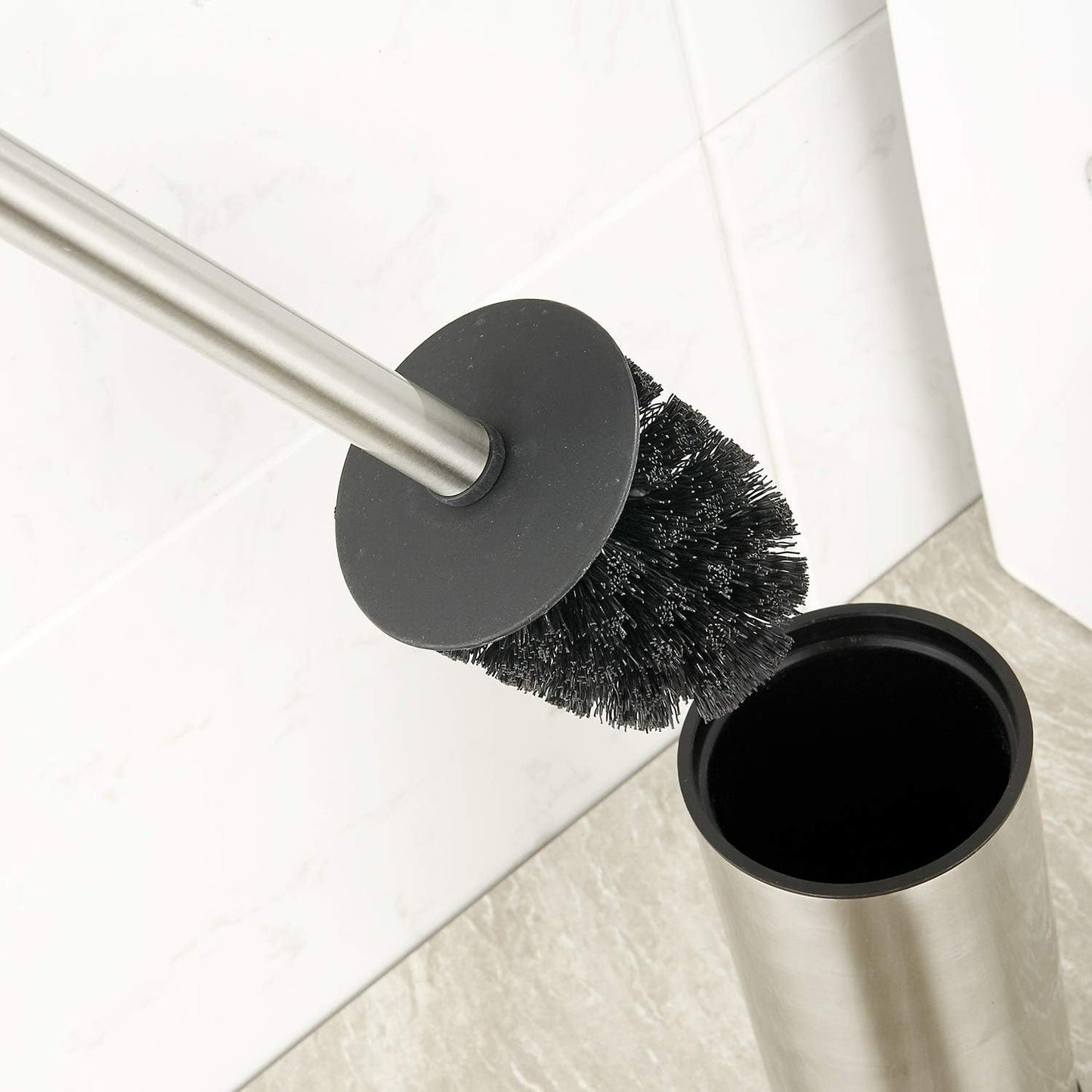 BGL Toilet Brush Holder Brushed Nickel, Stainless Steel 304 Brushed Nickel Round Freestanding Toilet Bowl Brush and Holder for Bathroom