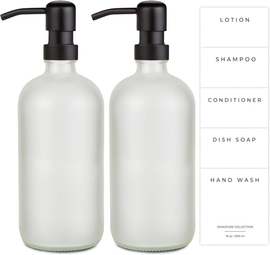 Emerson Essentials Glass Soap Bottle Dispensers, 2 Pack, Stainless-Steel Pumps Rust-Free, Hand Set for Bathroom Kitchen Sink, Liquid Lotion Shampoo Jars with 4 Waterproof Labels, 16 Oz Frost/Black