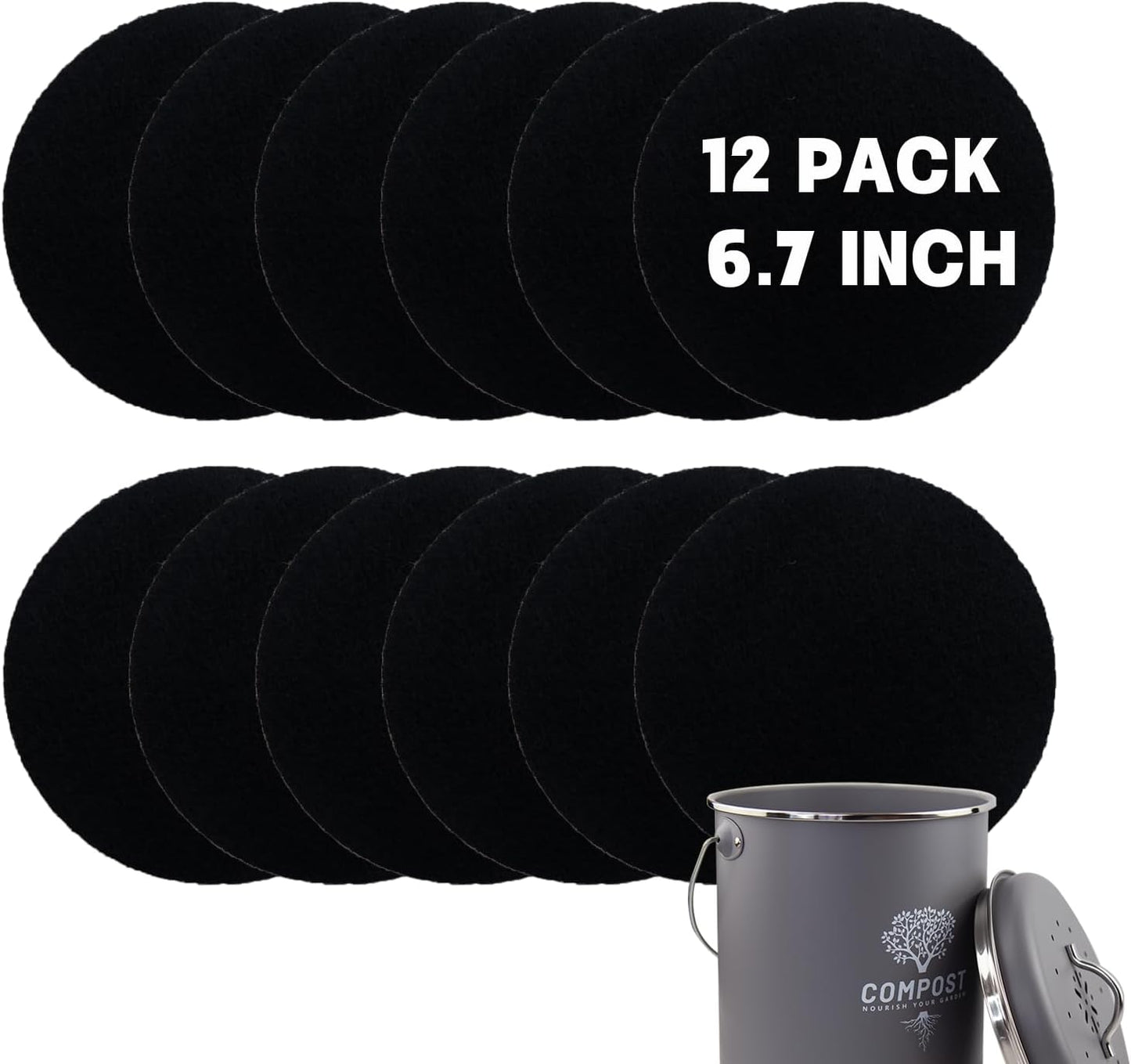 12 Pack - 6.7 Inch Round Compost Bin Charcoal Filters,Extra Thick Activated Carbon Charcoal Filters for Longer Lasting Odor Control, Fits Countertop and Home Bucket Kitchen Compost Bins (Refill)