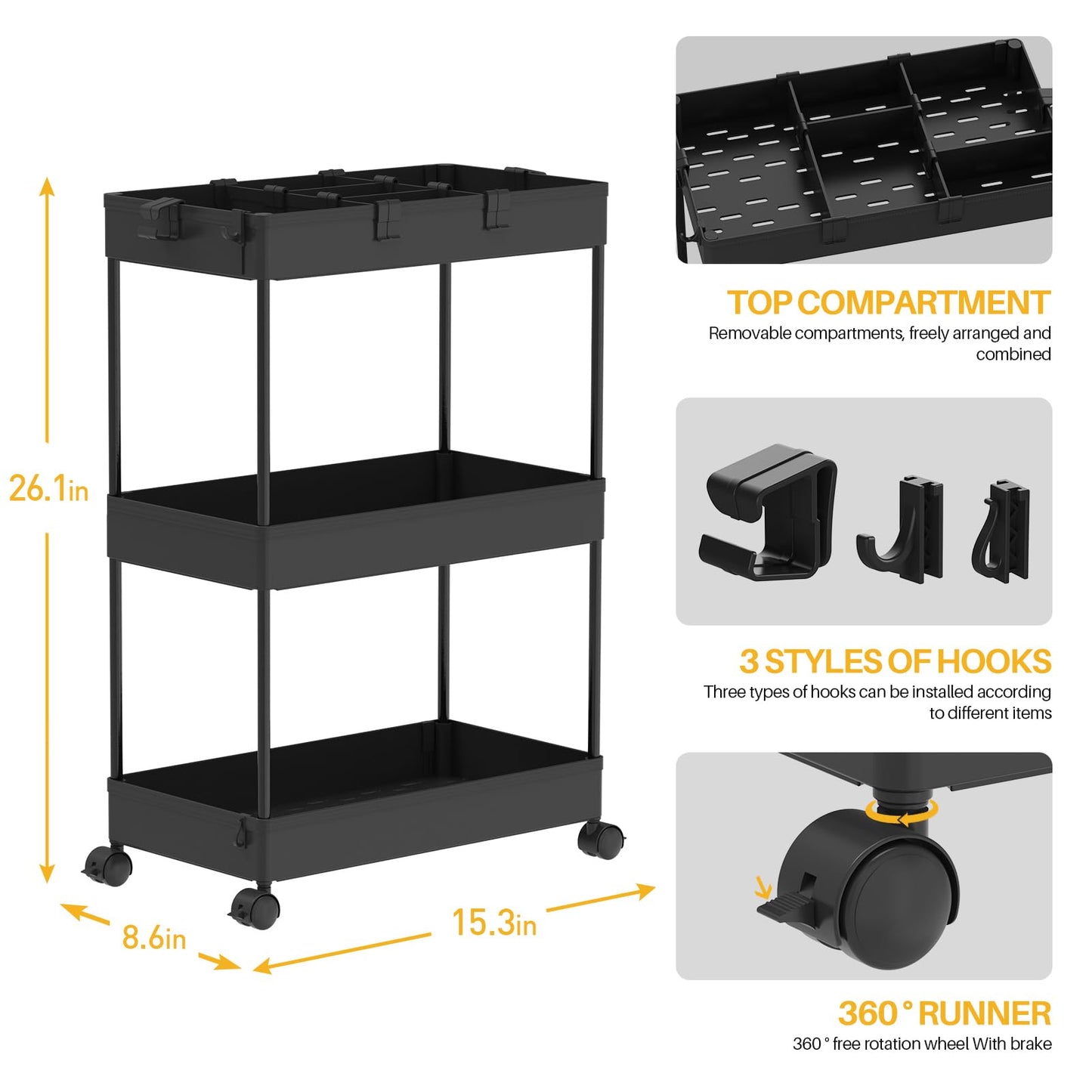 SPACELEAD 3 Tier Rolling Cart with Wheels, Storage Craft Art Trolley Organizer Serving, 3 Hanging