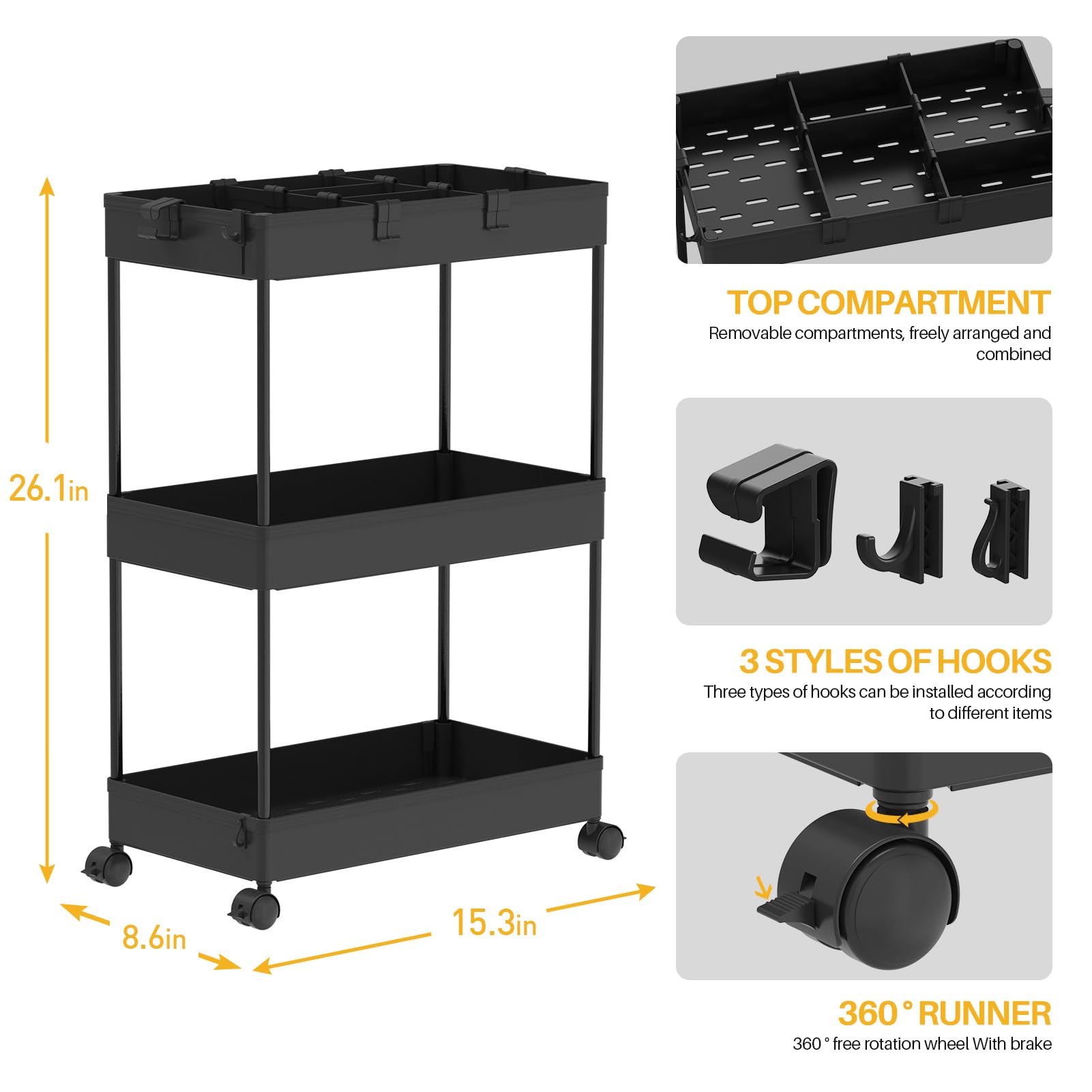 SPACELEAD 3 Tier Rolling Cart with Wheels, Storage Craft Art Trolley Organizer Serving, 3 Hanging