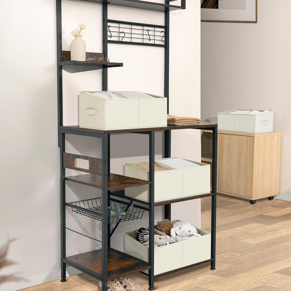 DIMJ Trapezoid Storage Bins for clothes - 4 Packs Closet Organizers and Storage Baskets, Foldable Closet Baskets with Handles and Divider, Closet Storage Bin Toybox for Shelves Living Room Bedroom