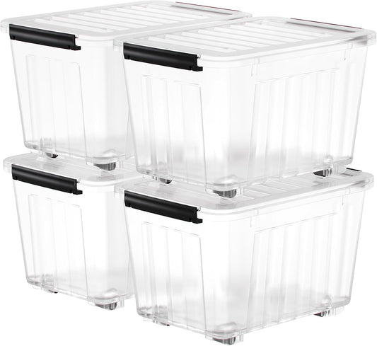 Nazhura 97 Quart Plastic Storage Bin, Stackable and Nestable Storage Boxes with Lids and Secure Latching Buckles, Large Storage Container (Clear, 97Quart-4Pack)