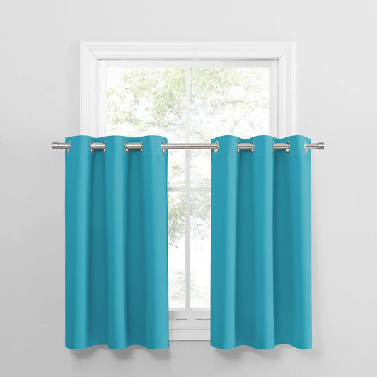 PONY DANCE Bathroom Window Valances - (34 by 36 inches, Blue Mist, 2 Panels) Room Darkening Tier Curtains Short Panels Drapes for Small Half Window Decoration in Kitchen