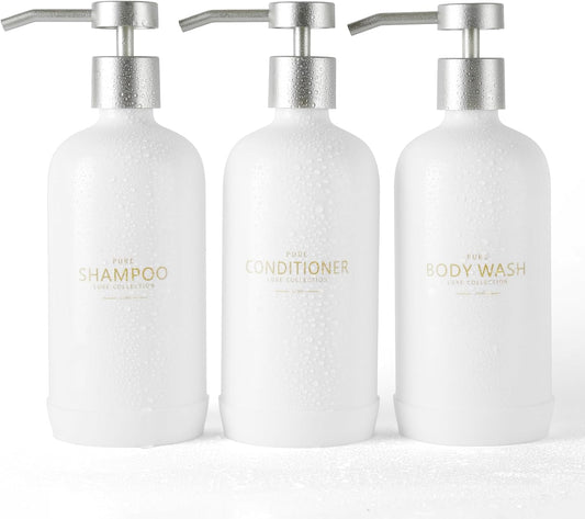 Shampoo and Conditioner Dispenser Set of 3,Refillable 21oz Shampoo Bottles with Non-Slip Protective Silicone Pad,Shower Soap Dispenser with Waterproof Labels for Bathroom (White)