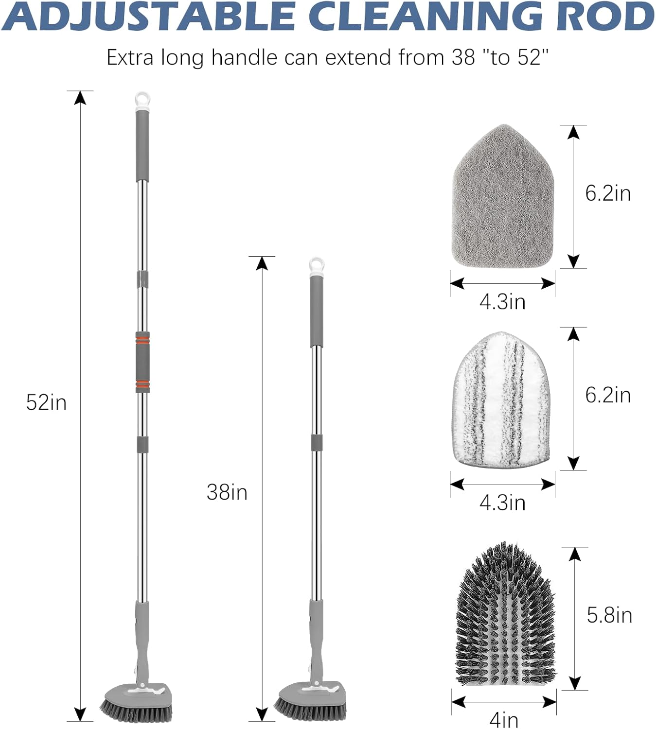 SetSail Floor Scrub Brush, 3-In-1 Tile Tub Floor Scrubber with 52-inch Adjustable Long Handle Shower Cleaner Brush and 3 Detachable Replacement Brush Heads for Cleaning Bathroom Kitchen Tub Tile, Grey