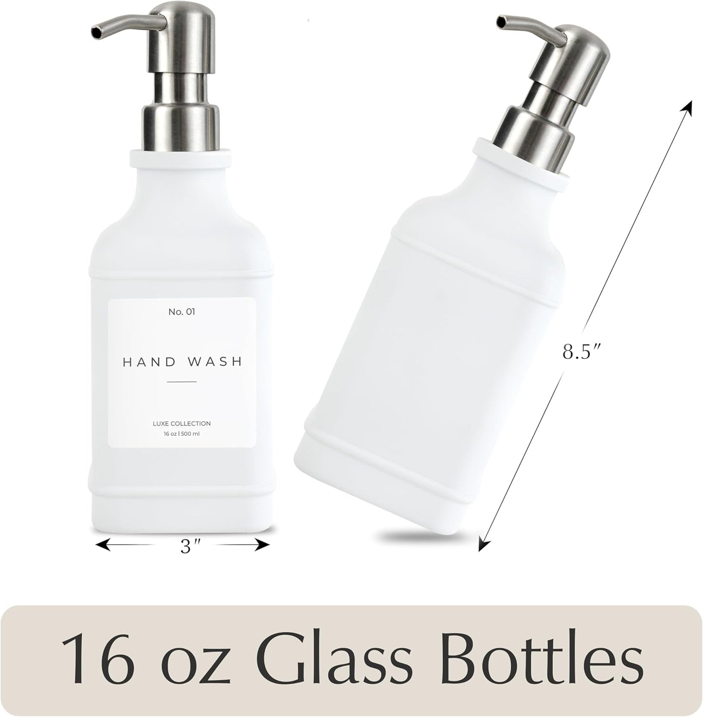 Emerson Essentials Soap Dispenser, Dish Soap Dispenser, Soap Dispenser Bathroom Set, Hand Soap Dispenser, Kitchen Soap Dispenser Set, Glass Soap Dispenser with Pump + Labels | 16 Oz, 2-Pack