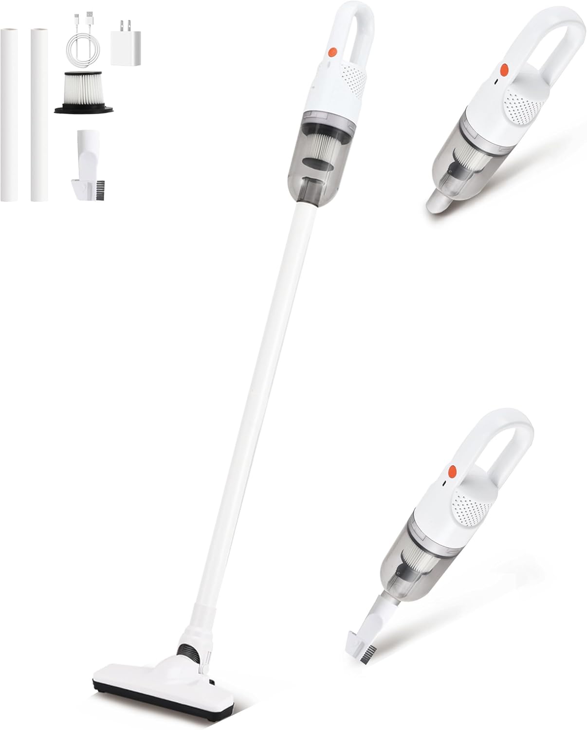 6-in-1 Lightweight Stick Vacuum Cleaner with 100W Powerful Motor, Mini Portable Household Handheld Vacuum Cleaner for Domestic Hard Floors, Carpets and Pet Hair (White Cordless with Plug)