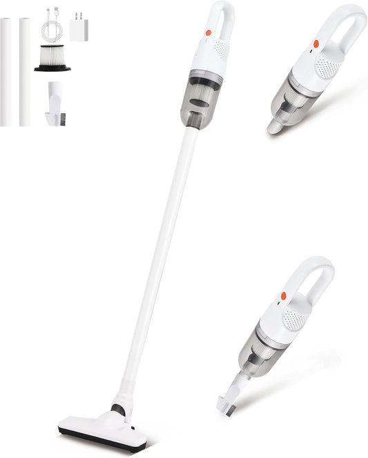6-in-1 Lightweight Stick Vacuum Cleaner with 100W Powerful Motor, Mini Portable Household Handheld Vacuum Cleaner for Domestic Hard Floors, Carpets and Pet Hair (White Cordless with Plug)