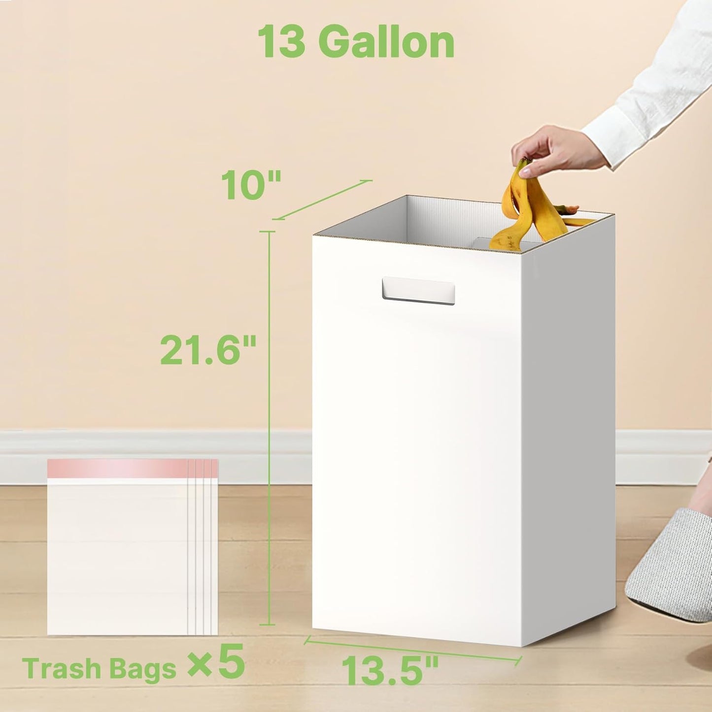 Extra Strong Corrugated Cardboard Portable Garbage Can, 4 Pack Reuseable and Disposeable Extra Large Trash Cans, 13 Gallon (21.6" H x 13.5" W x 10" D), Recycled Garbage Can and Recycling Bins, White