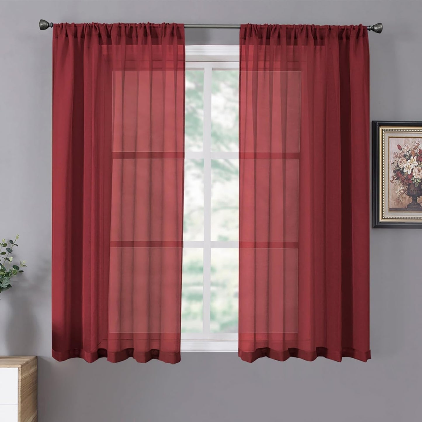 Tollpiz Short Sheer Curtain Living Room Linen Textured Curtains Sheer Light Filtering Voile Rod Pocket Curtain for Bedroom, 38 x 54 inches Long, Burgundy Red, Set of 2 Panels