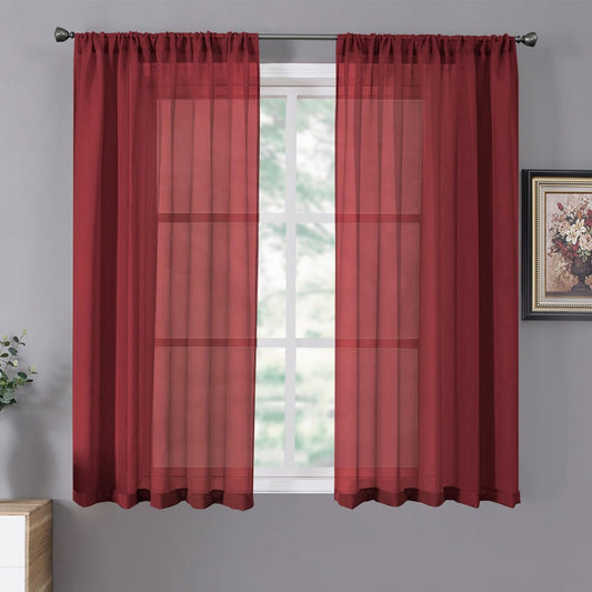 Tollpiz Short Sheer Curtain Living Room Linen Textured Curtains Sheer Light Filtering Voile Rod Pocket Curtain for Bedroom, 38 x 54 inches Long, Burgundy Red, Set of 2 Panels