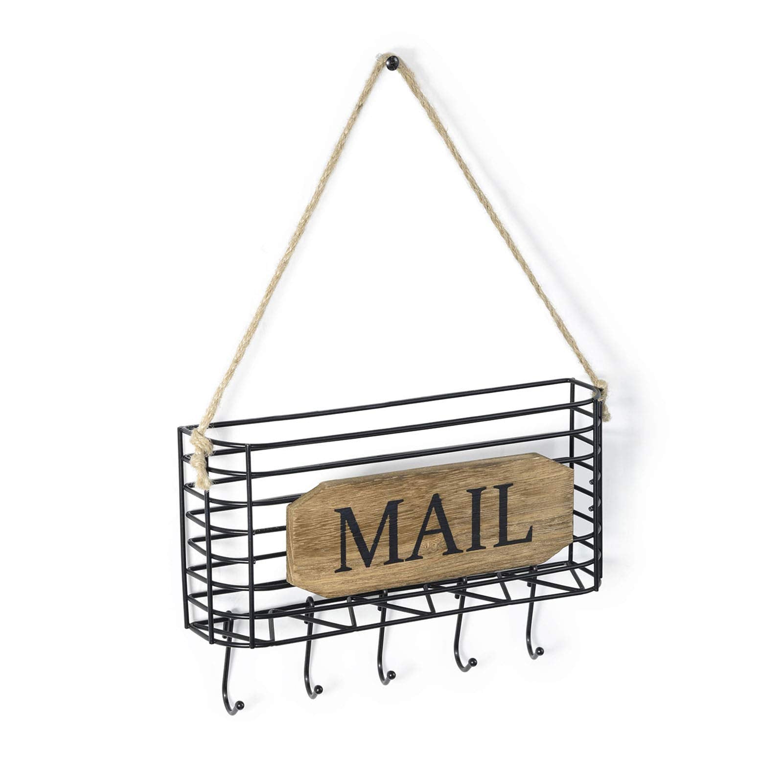 SRIWATANA Mail Organizer Wall Mount, 5 Key Hooks, Small, Carbonized Black