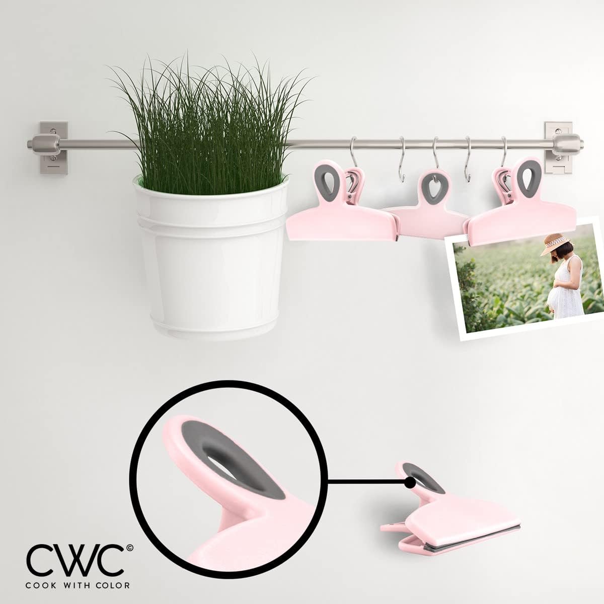 COOK WITH COLOR Bag Clips - Heavy Duty Chip Clip and Refrigerator Magnet Clips for Food Storage with Air Tight Seal Grip, Pink, Pack of 4 Large Clips