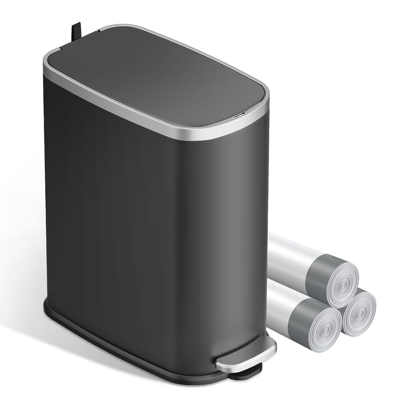 KUK Slim Bathroom Trash Can with Lid Soft Close, Step Pedal, 2.6 Gal/ 10L Stainless Steel Garbage Can with Removable Inner Bucket, Anti-Fingerprint Wastebasket for Office, Bedroom, Toilet (Black)