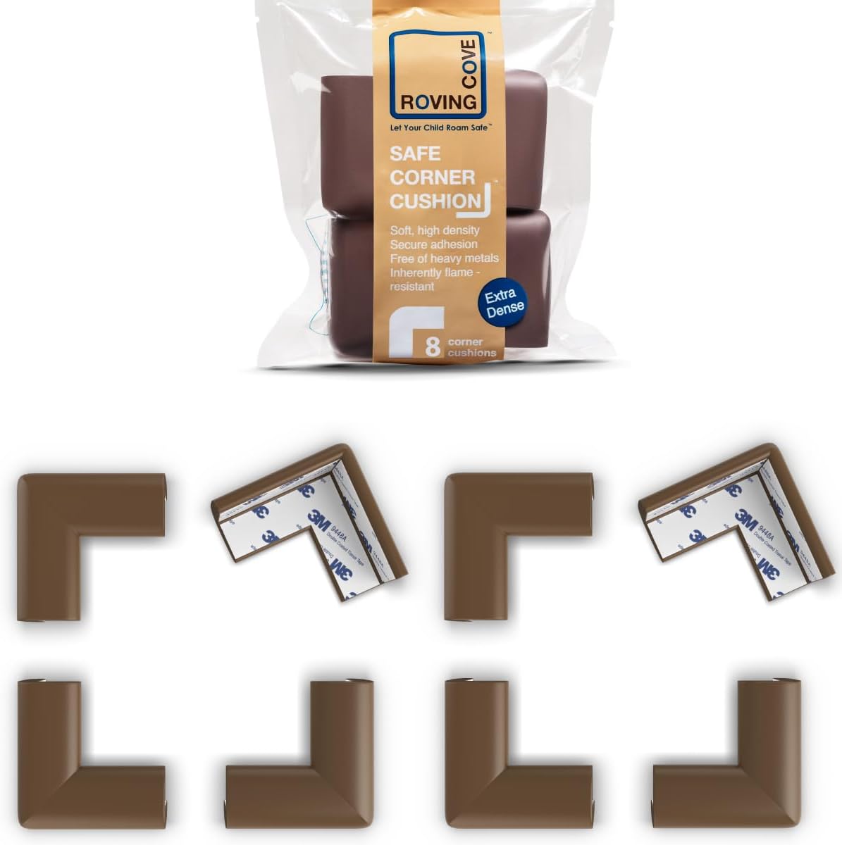 Roving Cove Slim-Fit Corner Protector for Baby Proofing (8 Small Corners), Soft Rubber Foam Furniture Corner Bumper Guards, 3M Adhesive Pre-Taped, Coffee Brown