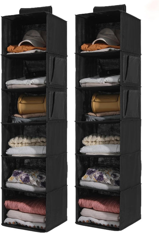 2 Packs Hanging Closet Organizer Storage, 6-Shelf Hanging Shelves for Closet, Closet Clothes Organizer and Storage with Side Pockets, Black