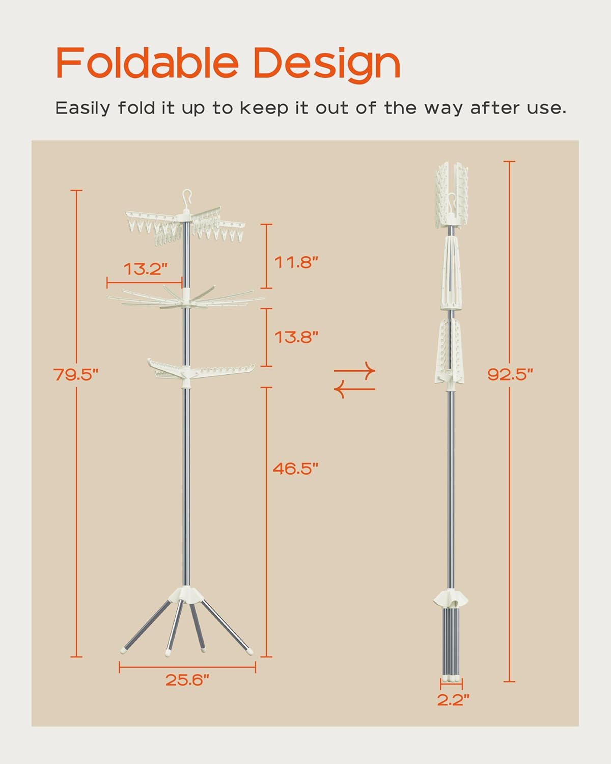 Clothes Drying Rack Foldable, 79.5 inch 3 Tier Laundry Drying Rack with Rotating Clothes Rail for 27 Pieces of Clothes and 24 Clips for Hanging Socks,Space Saving, White and Silver CDR003W01