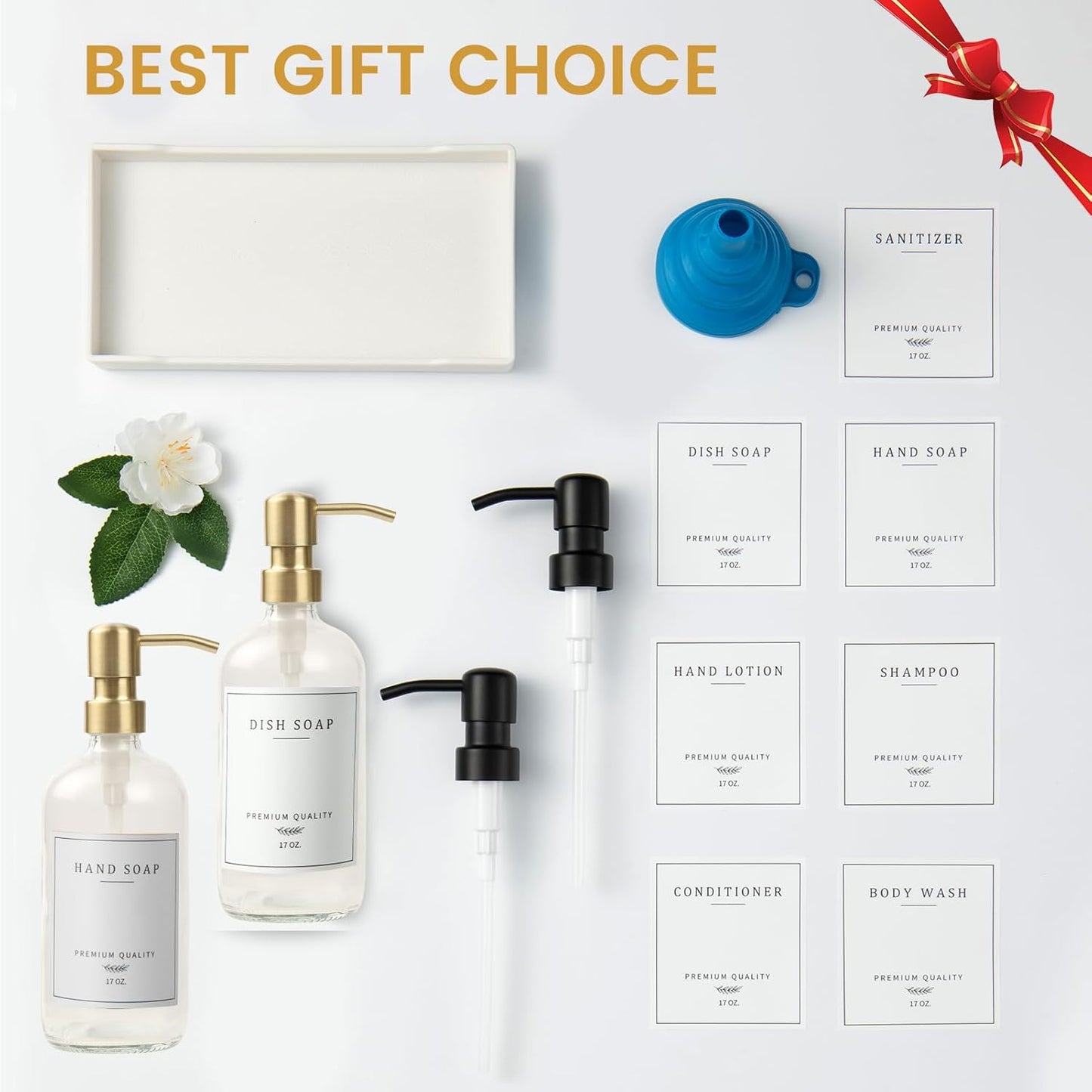 Glass Soap Dispenser for Kitchen Sink,Farmhouse Dish Soap Dispenser&Hand Soap Dispenser Set,Rustproof Pump Lotion Dispenser Bathroom with Tray,Waterproof Label for Kitchen Decor(Clear