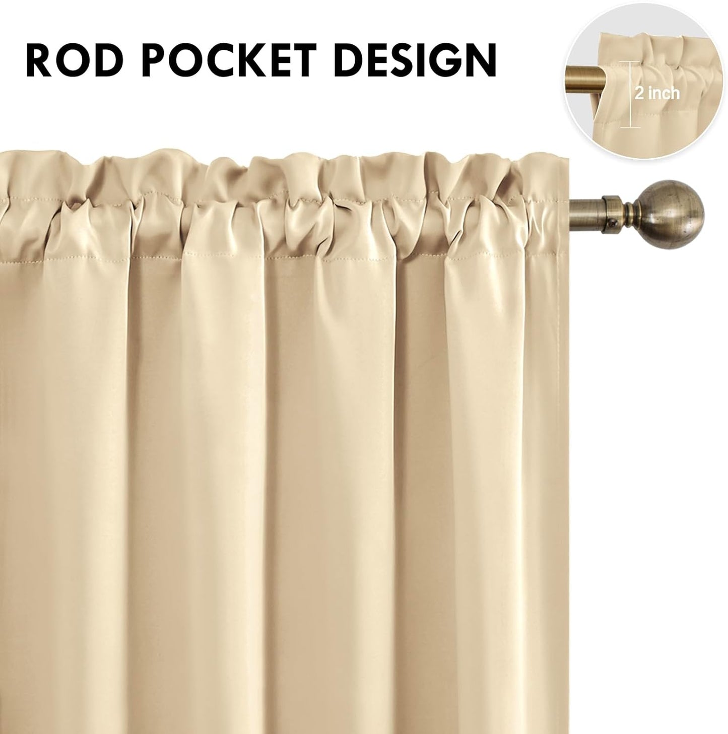 DWCN Blackout Curtains Room Darkening Thermal Insulated Bedroom Curtains Window Curtain Panels, 52 x 63 inches Long, Set of 2 Beige Rod Pocket Drapes