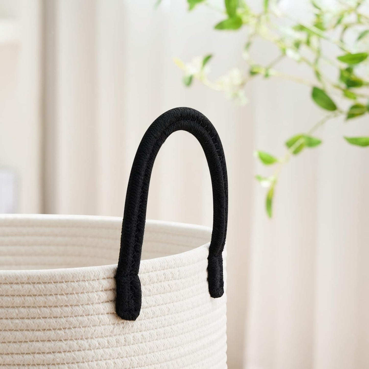 VIPOSCO Large Laundry Hamper, Tall Woven Rope Storage Basket for Blanket, Toys, Dirty Clothes in Living Room, Bathroom, Bedroom - 100L White & Black