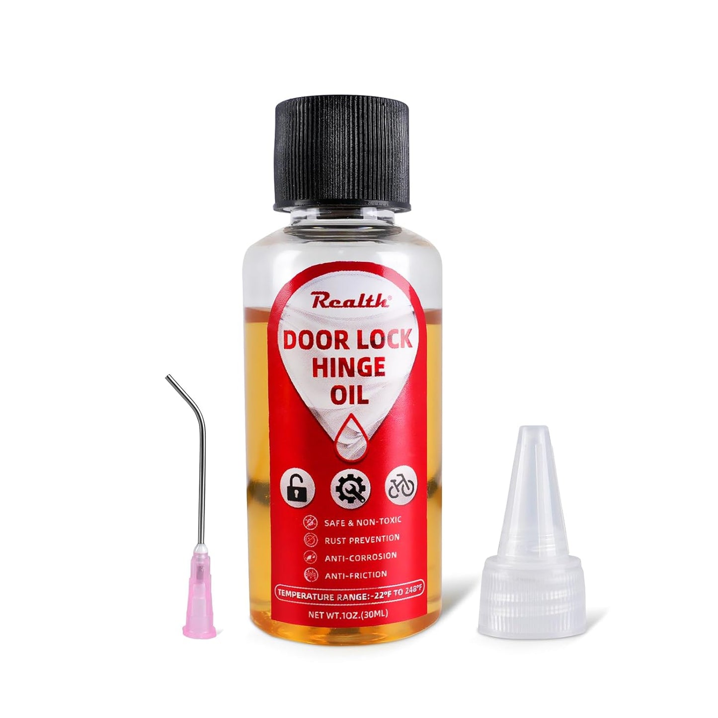 Realth Door Hinge Lubricant -Garage Door Lubricant Oil Great for Squeaky Hinges, Locks, Chains, Keyholes & More - Long-Lasting, Non-Toxic, Rust-Resistant with Precision Oiler Needle (30ml)