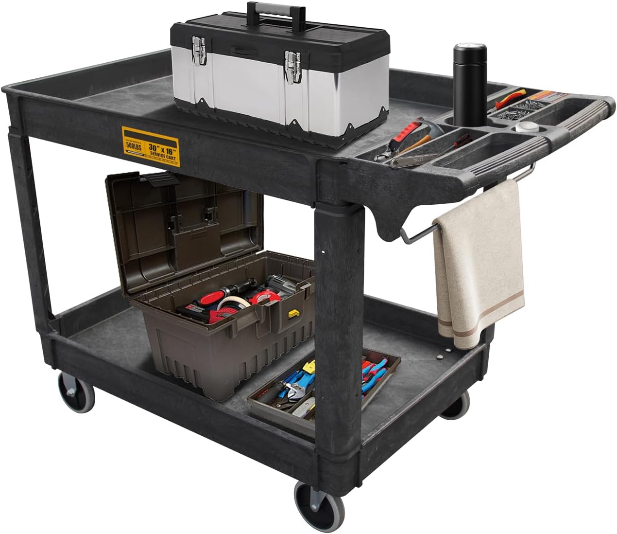 Utility Service Cart, 2-Shelf 500LBS Heavy Duty Plastic Rolling Utility Cart with 360° Swivel Wheels, Lipped Shelves, Ergonomic Storage Handle for Warehouse/Garage/Cleaning/Manufacturing