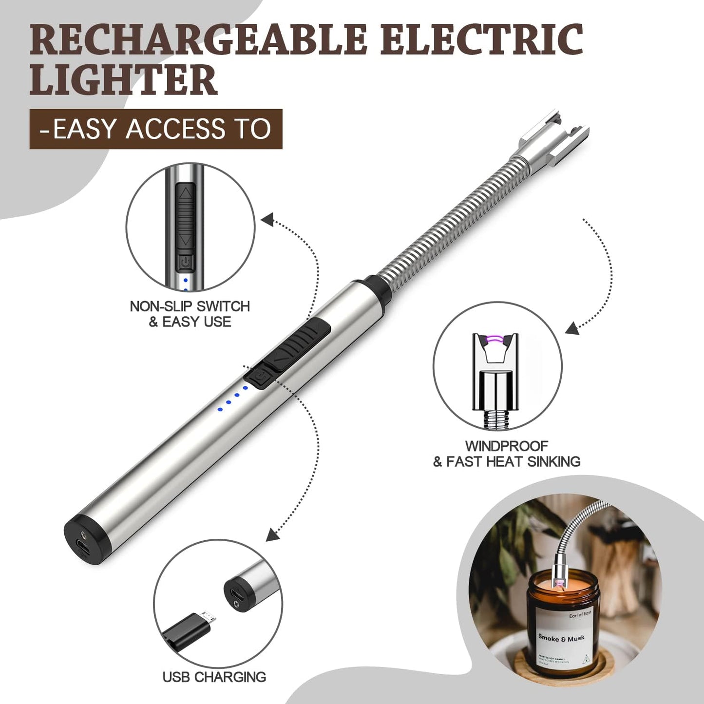 5 in 1 Candle Accessory Set,Candle Wick Trimmer Cutter,Candle Wick Dipper,Candle Wick Snuffer,Rechargeable Candle Lighter,Tweezers,Stainless Steel Candle Care Kit Home Gift for Aromatherapy(Silver)