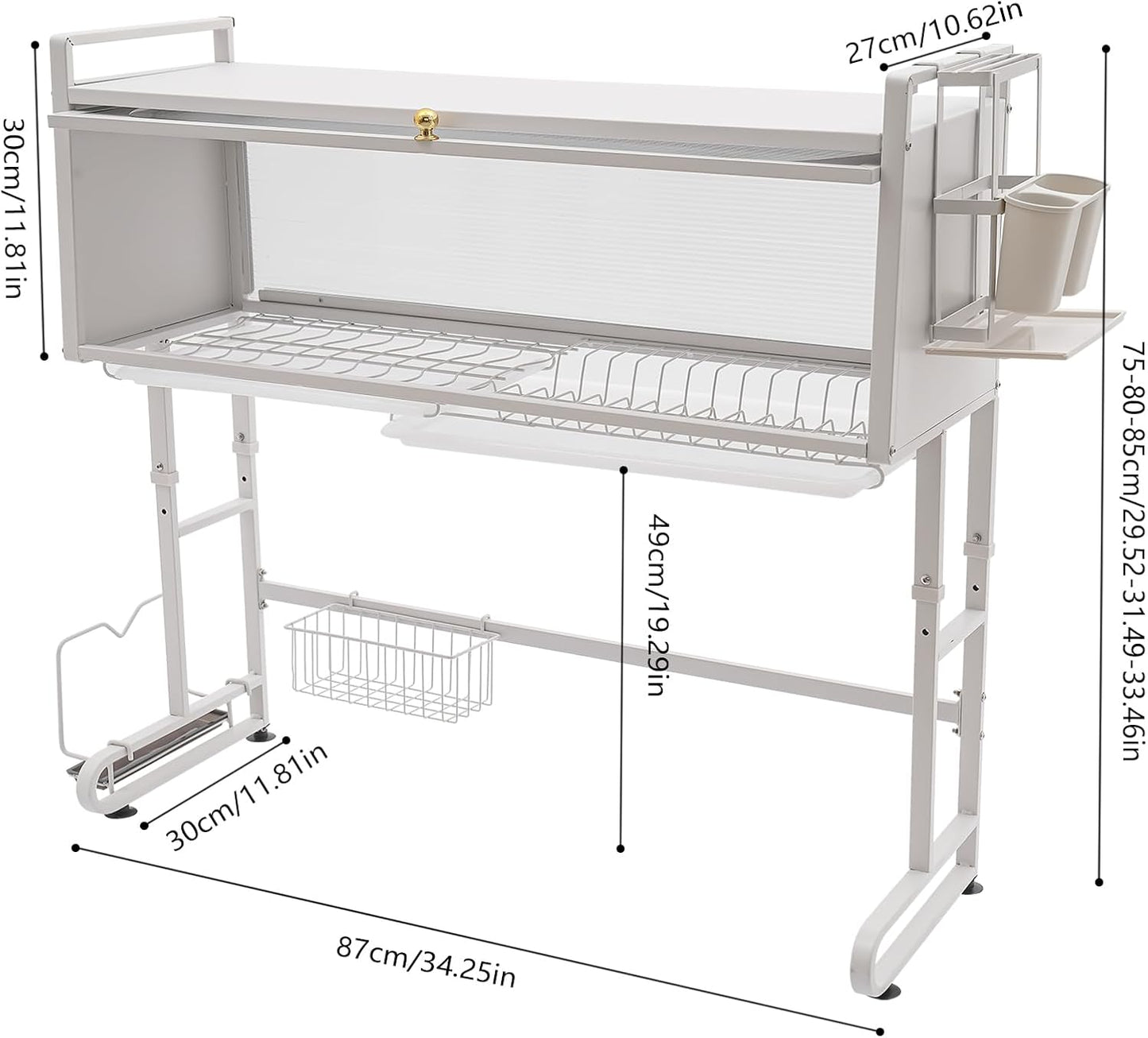 3 Tier Over The Sink Dish Drying Rack W/Clear Cabinet Door, Adjustable Dish Drainer Rack, White Large Dish Rack, Expandable Shelf Rack W/ Utensil Holder, Dish Drainer Kitchen Organizer for Home Use
