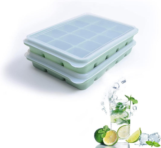 Ice Cube Trays Set of 2, Easy Release 15 Flexible Silicone Ice Cube Molds with Removable Lid