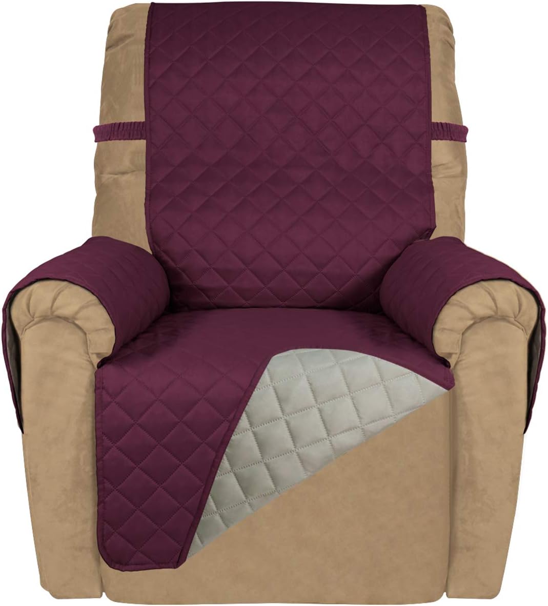 PureFit Reversible Quilted Recliner Sofa Cover, Water Resistant Slipcover Furniture Protector, Washable Couch Cover with Elastic Straps for Kids, Dogs, Pets (Small, Wine/Beige)