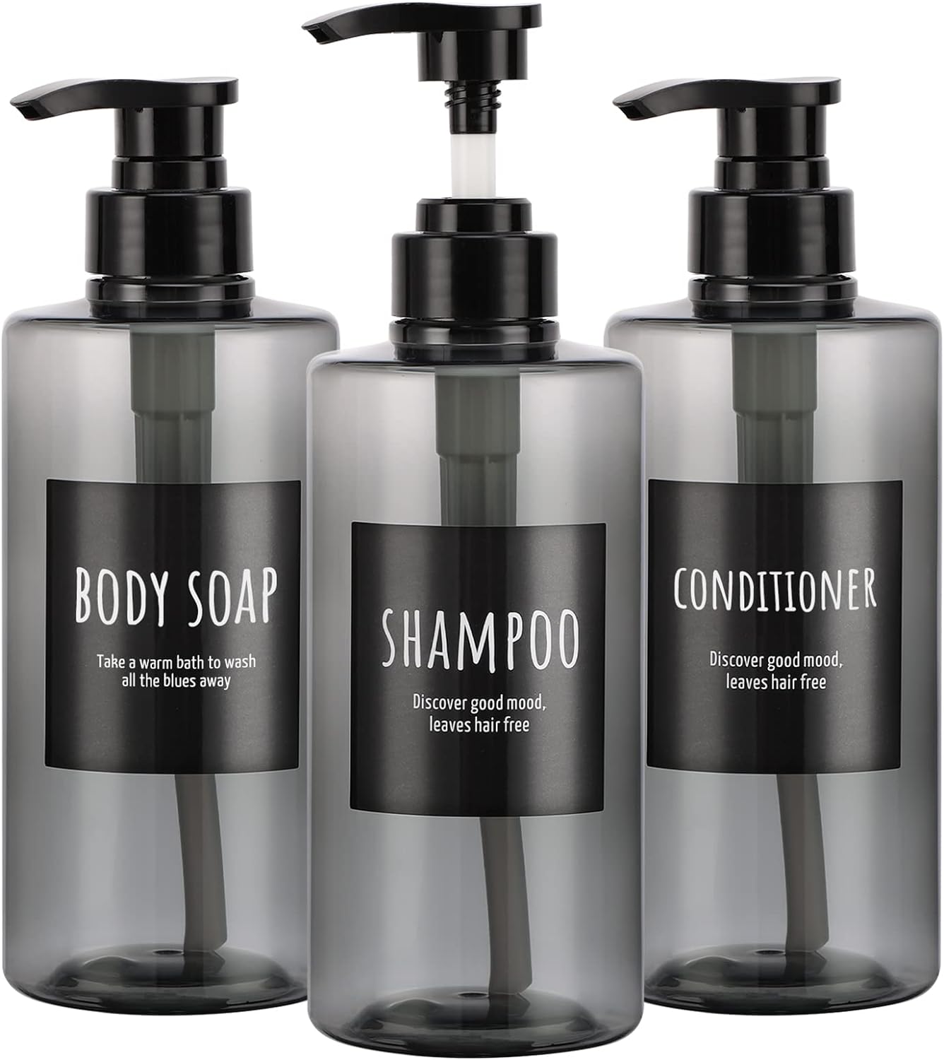 Refillable Shampoo Bottles, Segbeauty 16.9oz Shampoo Dispenser, 3pcs 500ml Empty Plastic Pump Bottle for Shower, Labeled Grey Large PET Lotion Dispenser with Pump Body Soap Conditioner Hotel Bathroom