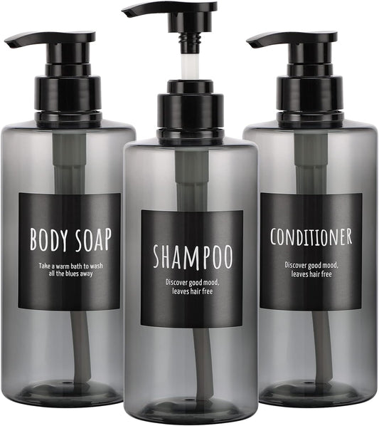 Refillable Shampoo Bottles, Segbeauty 16.9oz Shampoo Dispenser, 3pcs 500ml Empty Plastic Pump Bottle for Shower, Labeled Grey Large PET Lotion Dispenser with Pump Body Soap Conditioner Hotel Bathroom