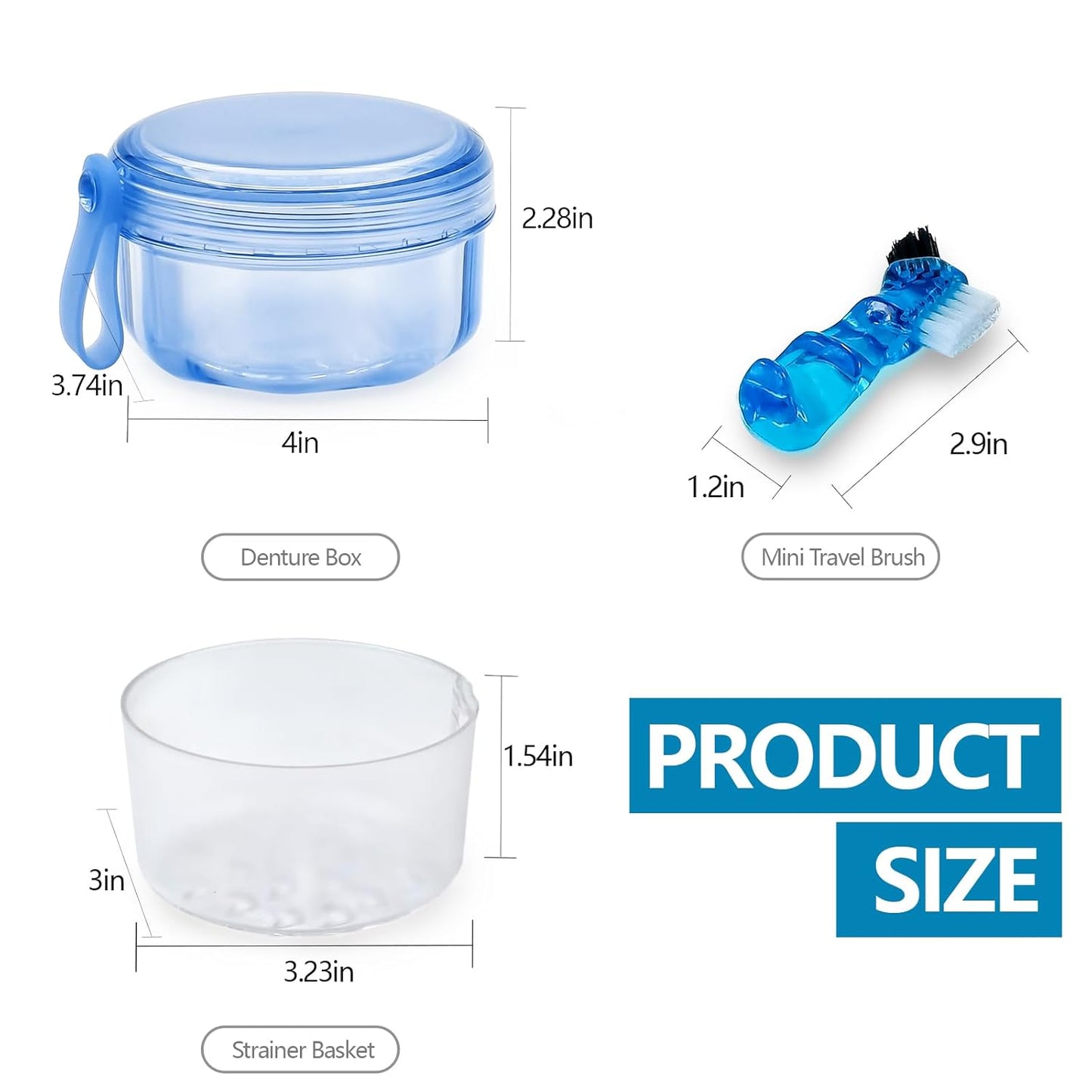 No Leak Partial Denture Case Retainer Bath Box Cup, Denture Soaking Cup False Teeth Holder Box Case with Strainer Basket and Brush - Transparent Blue