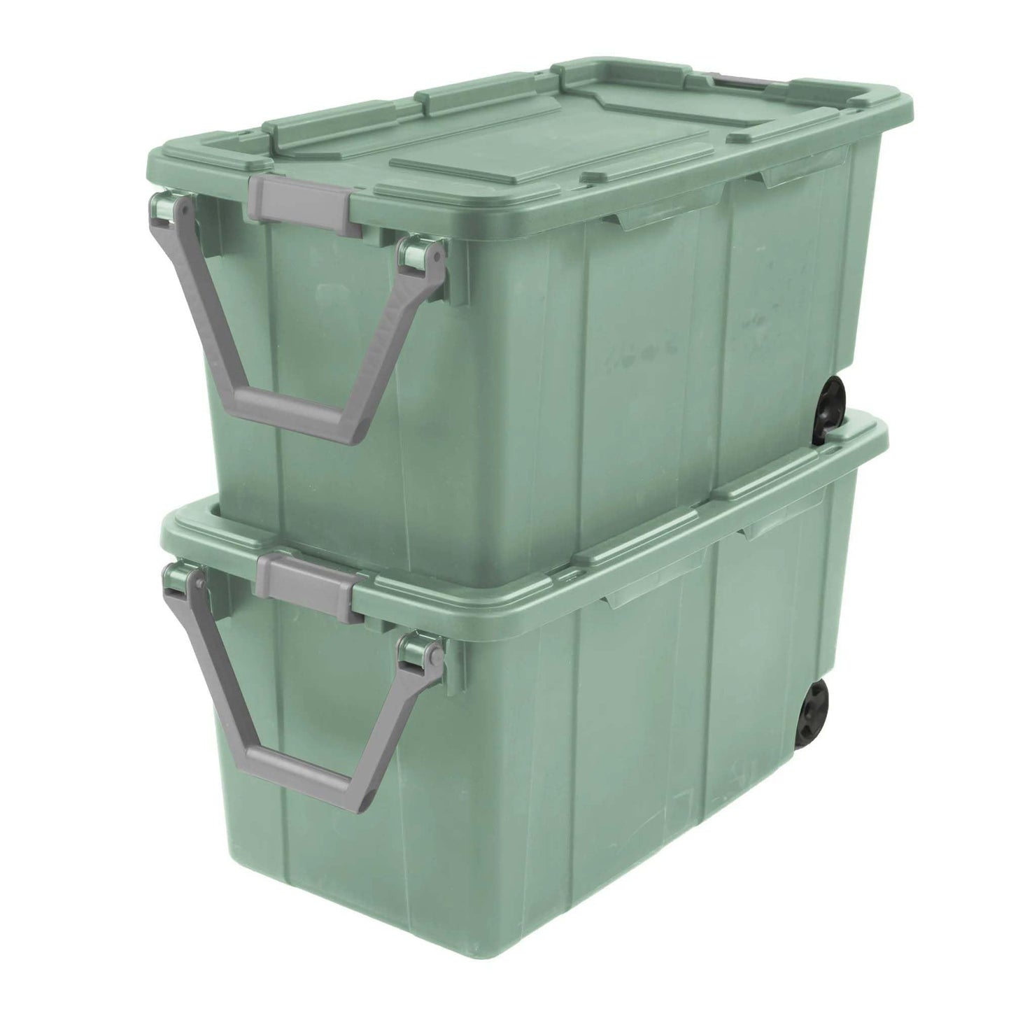 Ratiyae 40 Gallon Wheeled Industrial Tote, Rugged Plastic Storage Bin, Latch Lid, Light Green, 2