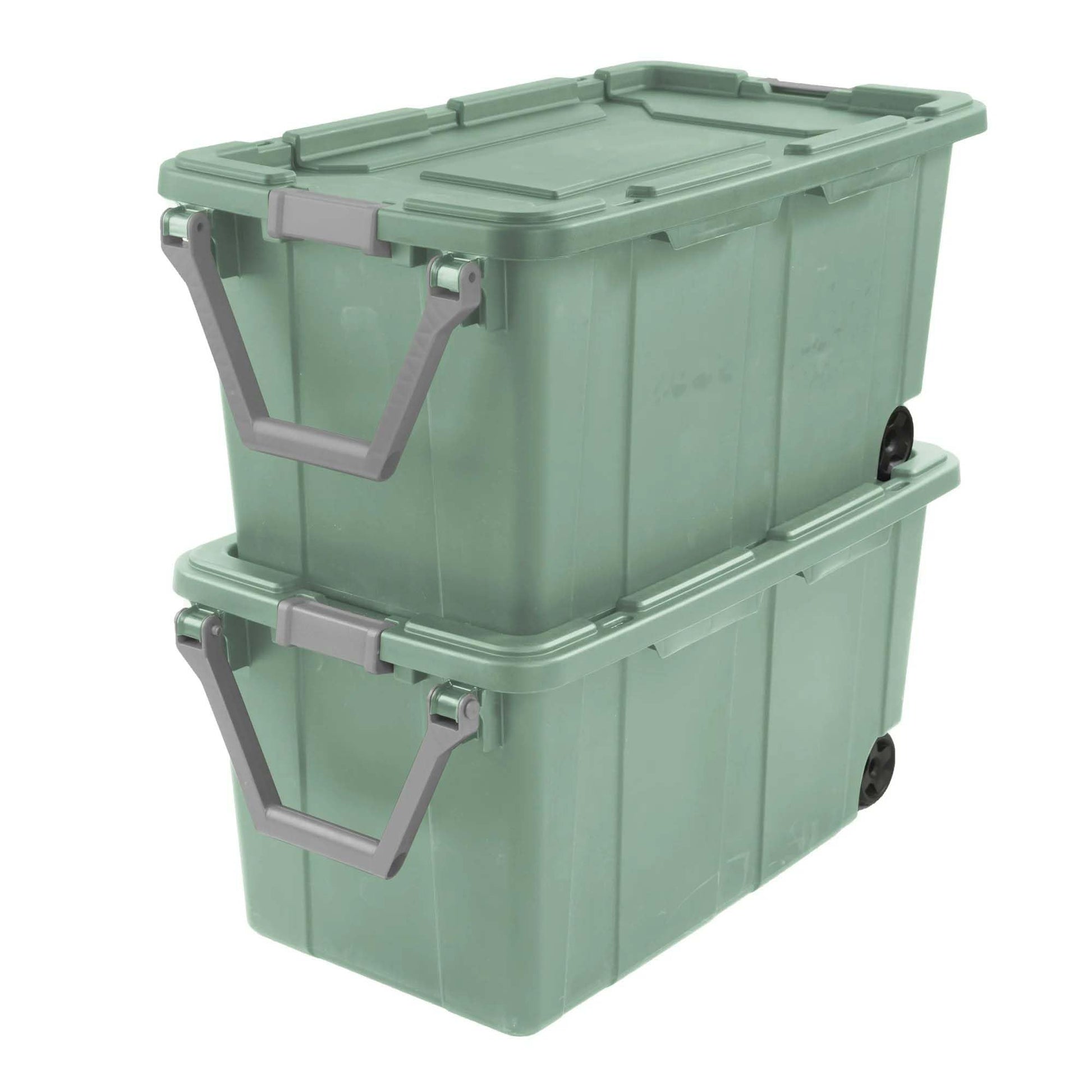 Ratiyae 40 Gallon Wheeled Industrial Tote, Rugged Plastic Storage Bin, Latch Lid, Light Green, 2