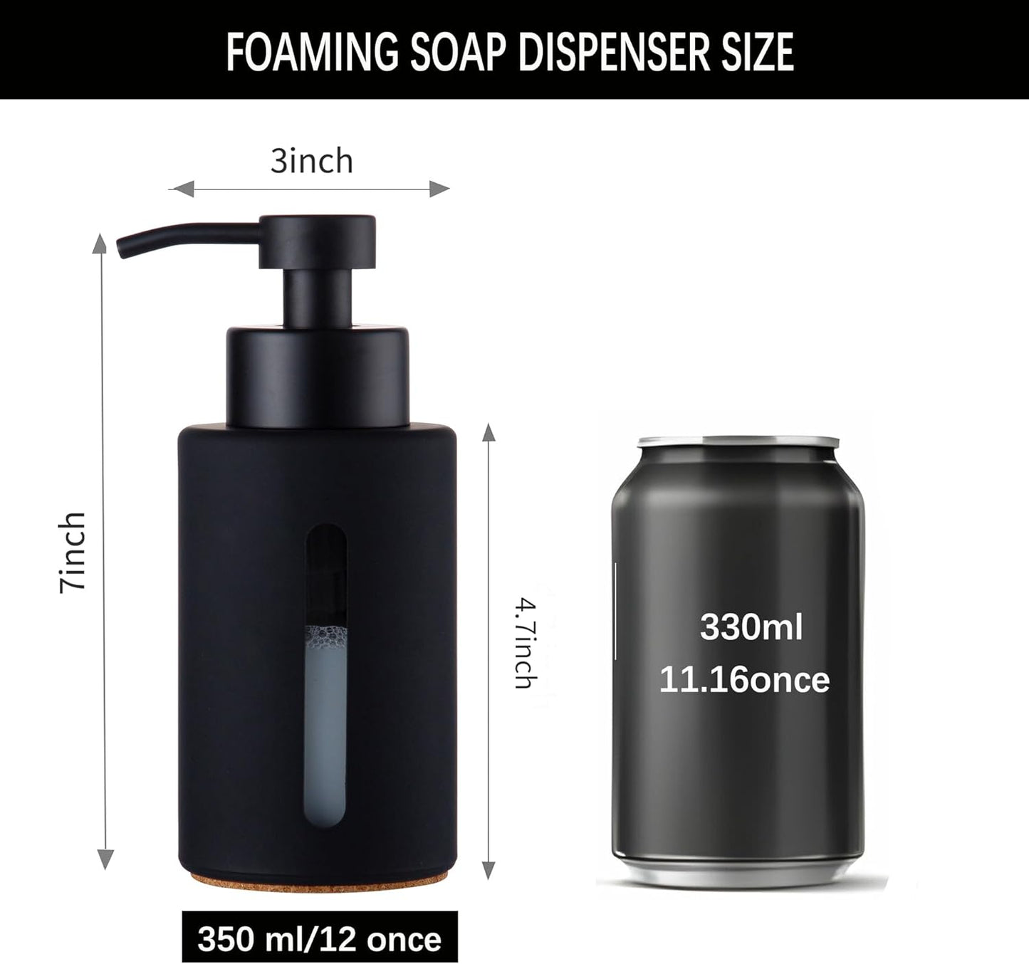 Enra Foaming Soap Dispenser with Window,12oz Bathroom Hand Soap Dispenser with Stainless Steel Foam Pump, Modern Thick Glass Refillable Bottle for Bathroom Kitchen (Black Foam Dispenser)