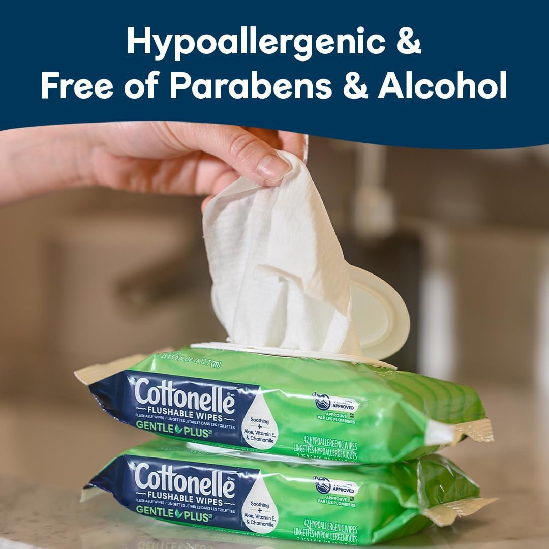 Cottonelle GentlePlus Flushable Wet Wipes with Aloe & Vitamin E, 8 Flip-Top Packs, 42 Wipes Per Pack (336 Total Wipes), Packaging May Vary