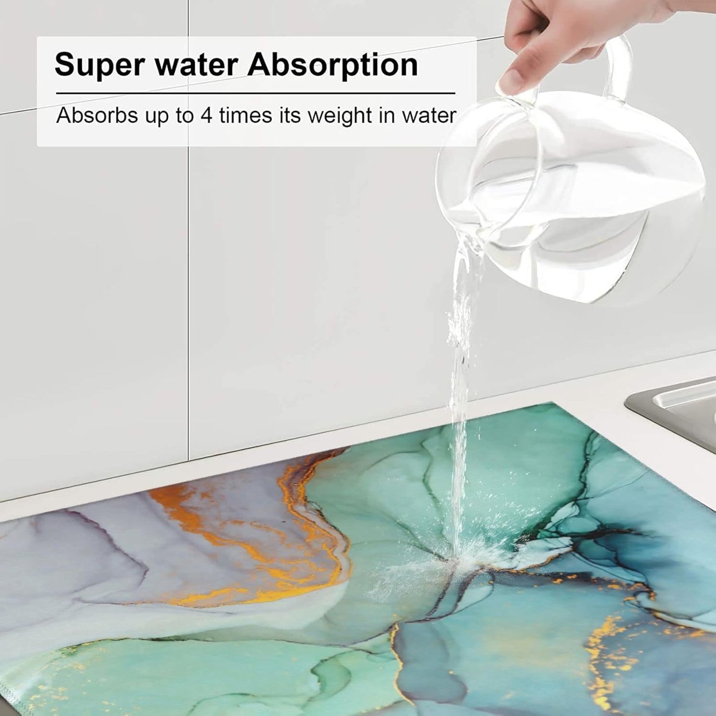 Teal Marble Golden Swirls Pattern Microfiber Dish Drying Mat For Kitchen Countertop Absorbent Reversible Drainer Rack Pad 18 X 16 Inch